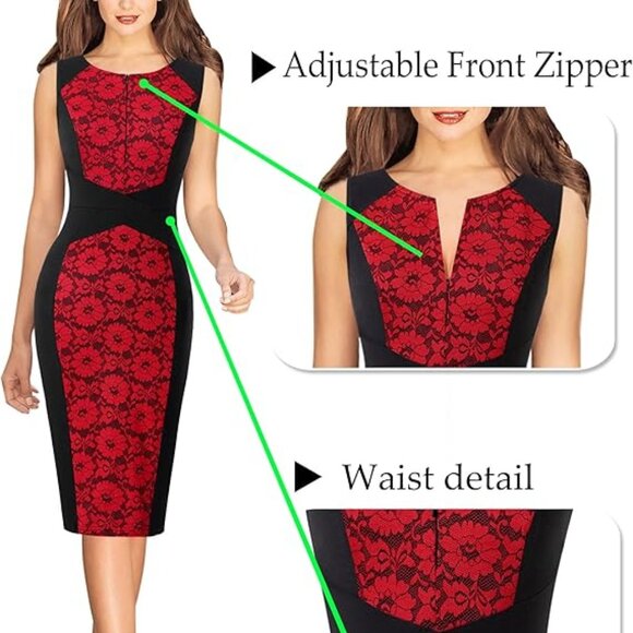 Lace Business Woman Dress Red Black Office Formal Cross Bodycon Stretch XL 14 16 - Picture 1 of 12